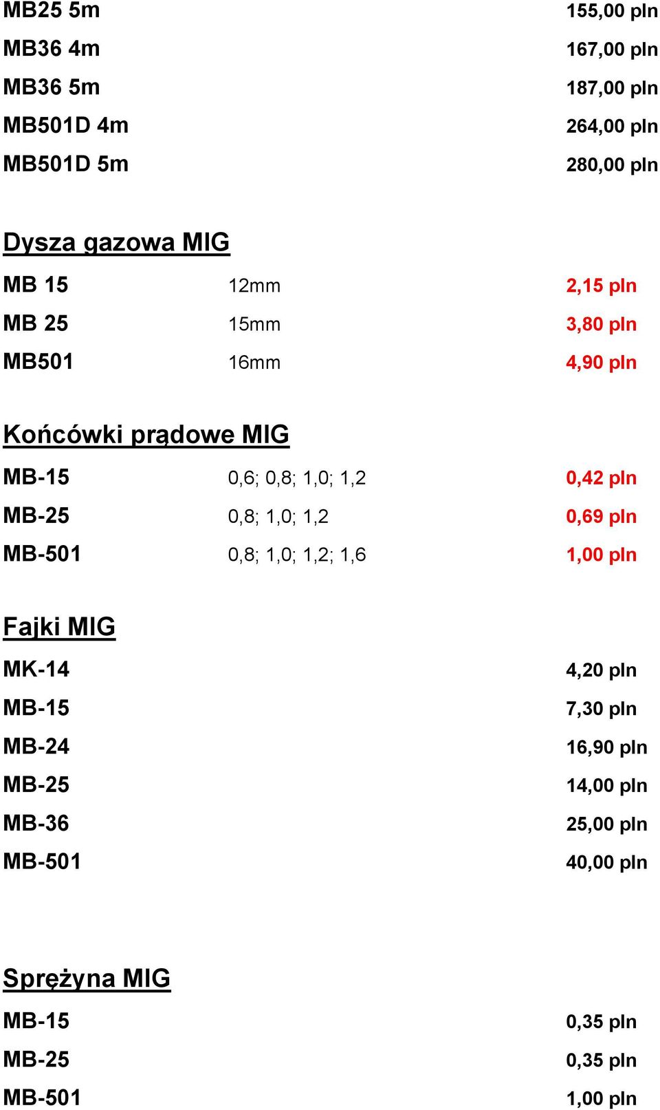 pln MB-25 0,8; 1,0; 1,2 0,69 pln MB-501 0,8; 1,0; 1,2; 1,6 1,00 pln Fajki MIG MK-14 MB-15 MB-24 MB-25 MB-36 MB-501