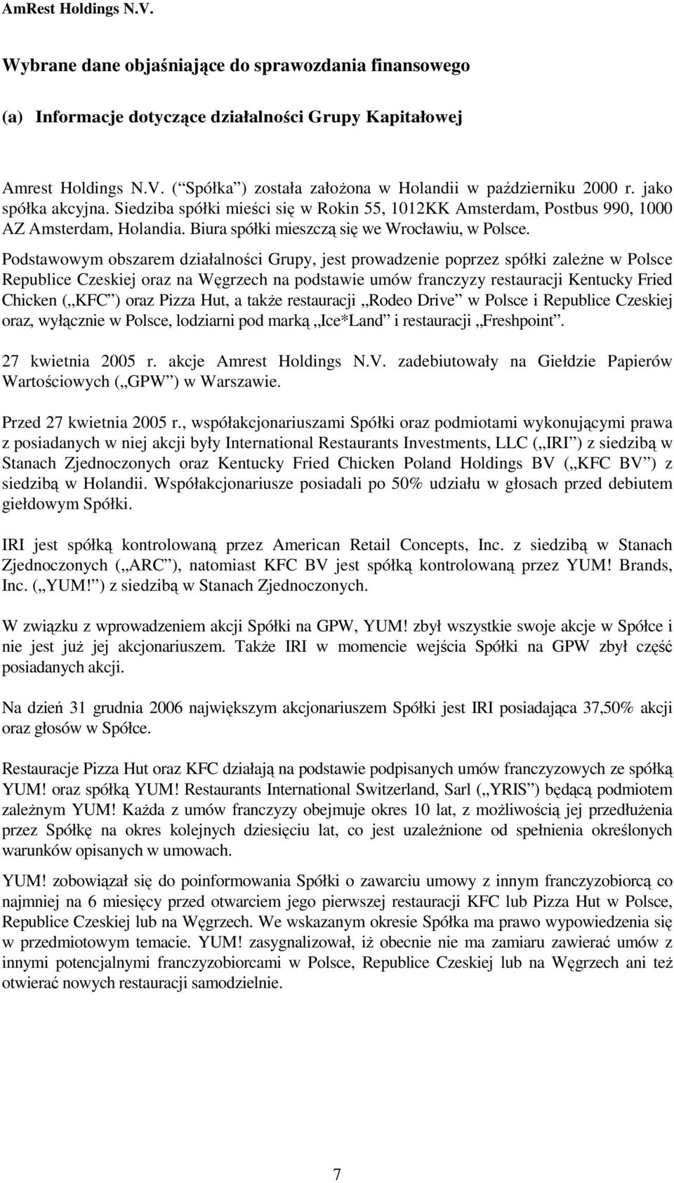 Podstawowym obszarem działalności Grupy, jest prowadzenie poprzez spółki zaleŝne w Polsce Republice Czeskiej oraz na Węgrzech na podstawie umów franczyzy restauracji Kentucky Fried Chicken ( KFC )