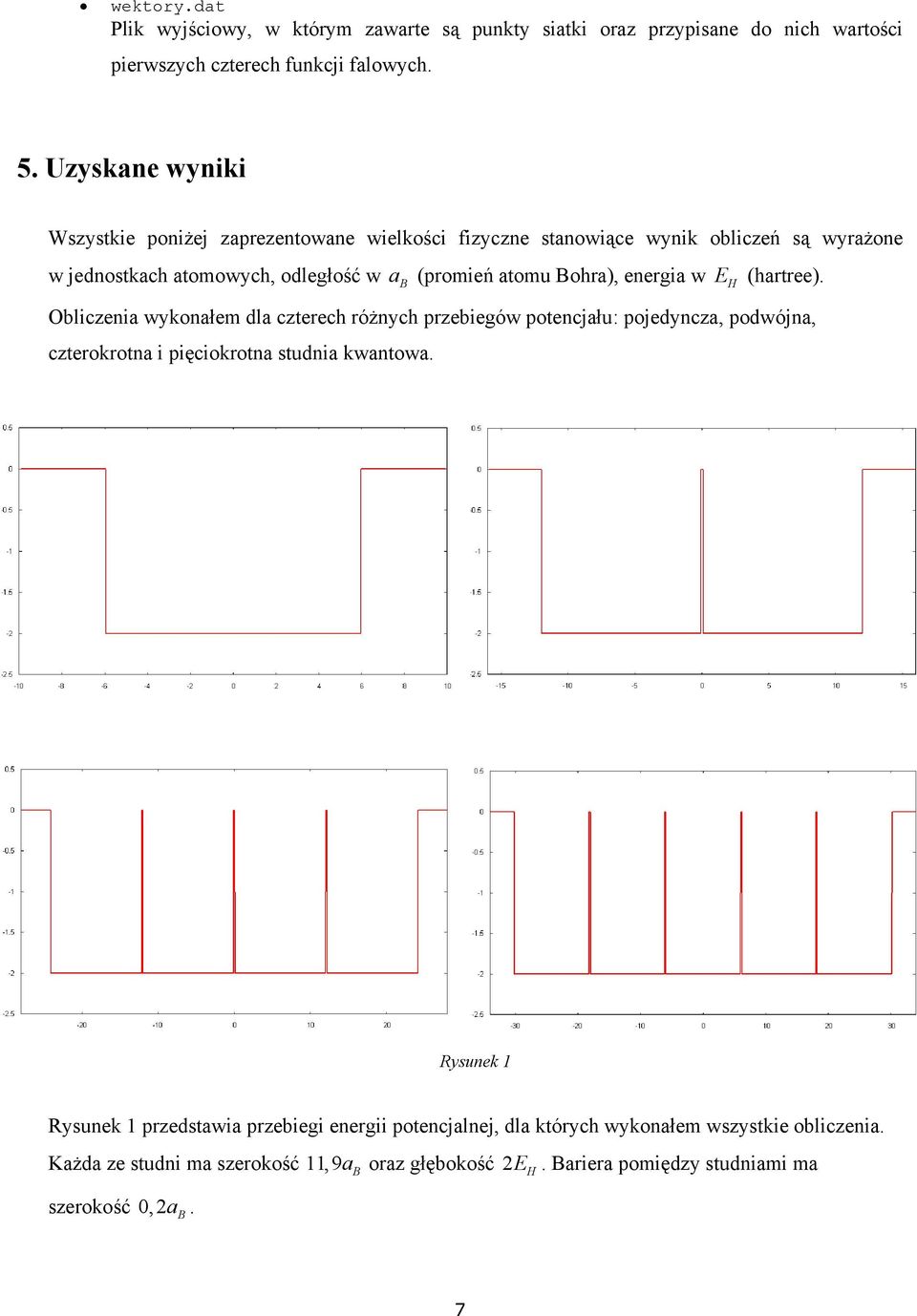 energia w E H (hartree). Obliczenia wykonałem dla czterech różnych przebiegów potencjału: pojedyncza, podwójna, czterokrotna i pięciokrotna studnia kwantowa.