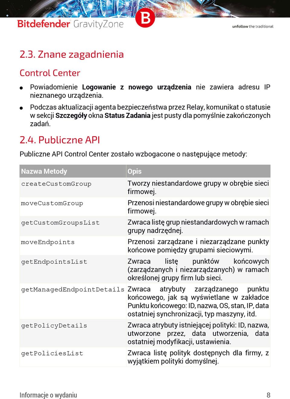 Publiczne API Publiczne API Control Center zostało wzbogacone o następujące metody: Nazwa Metody createcustomgroup movecustomgroup getcustomgroupslist moveendpoints getendpointslist Opis Tworzy