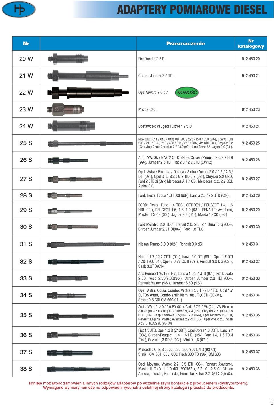 2 (02-), Jeep Grand Cherokee 2.7 / 3.0 (02-), Land Rover 2.5, Jaguar 2.0 (03-). Audi, VW, Skoda V6 2.5 TDI (98-), Citroen/Peugeot 2.0/2.2 HDI (99-), Jumper 2.5 TDI, Fiat 2.0 / 2.2 JTD (DW12).