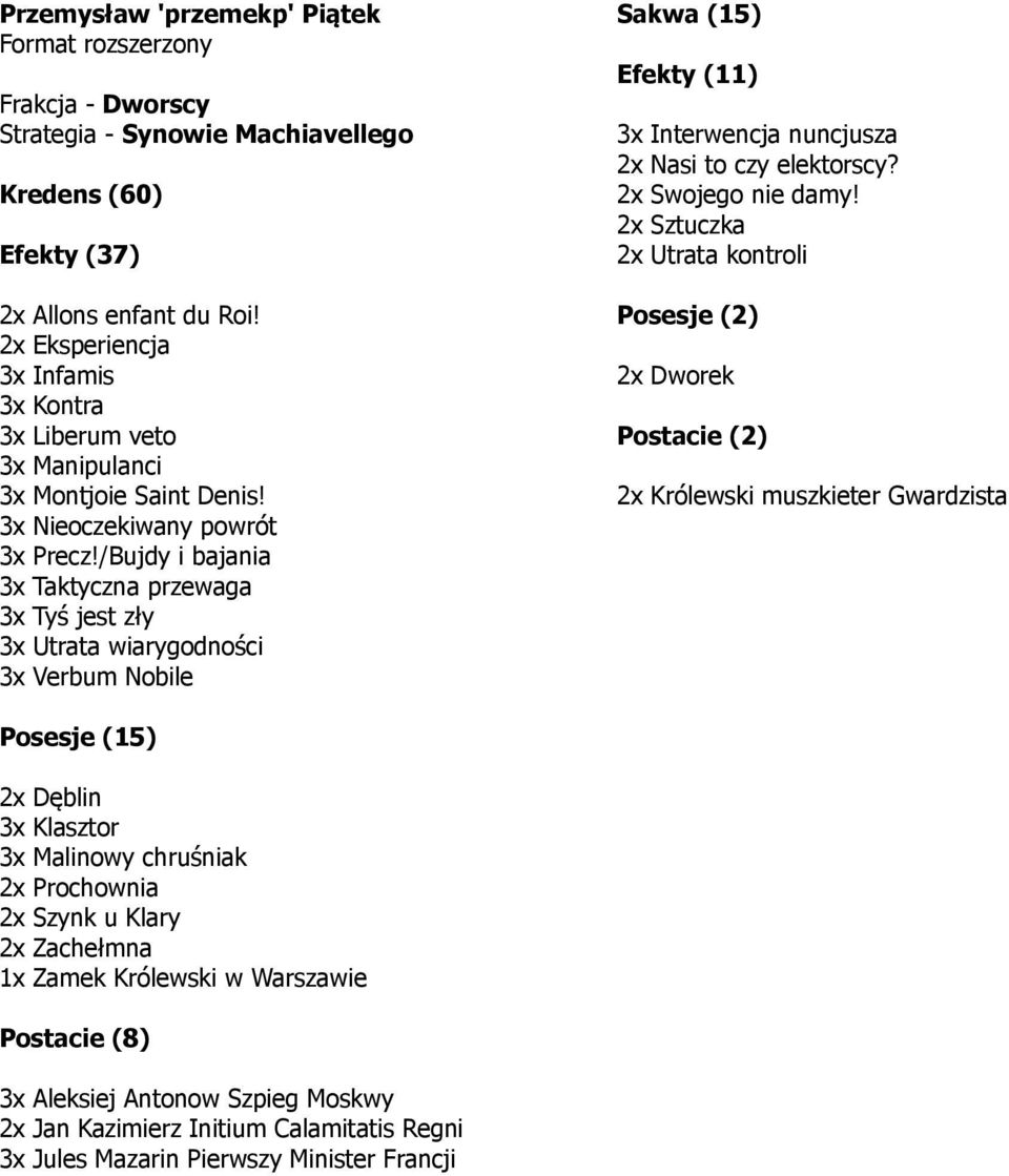 /Bujdy i bajania 3x Taktyczna przewaga 3x Tyś jest zły 3x Utrata wiarygodności 3x Verbum Nobile Efekty (11) 3x Interwencja nuncjusza 2x Nasi to czy elektorscy? 2x Swojego nie damy!