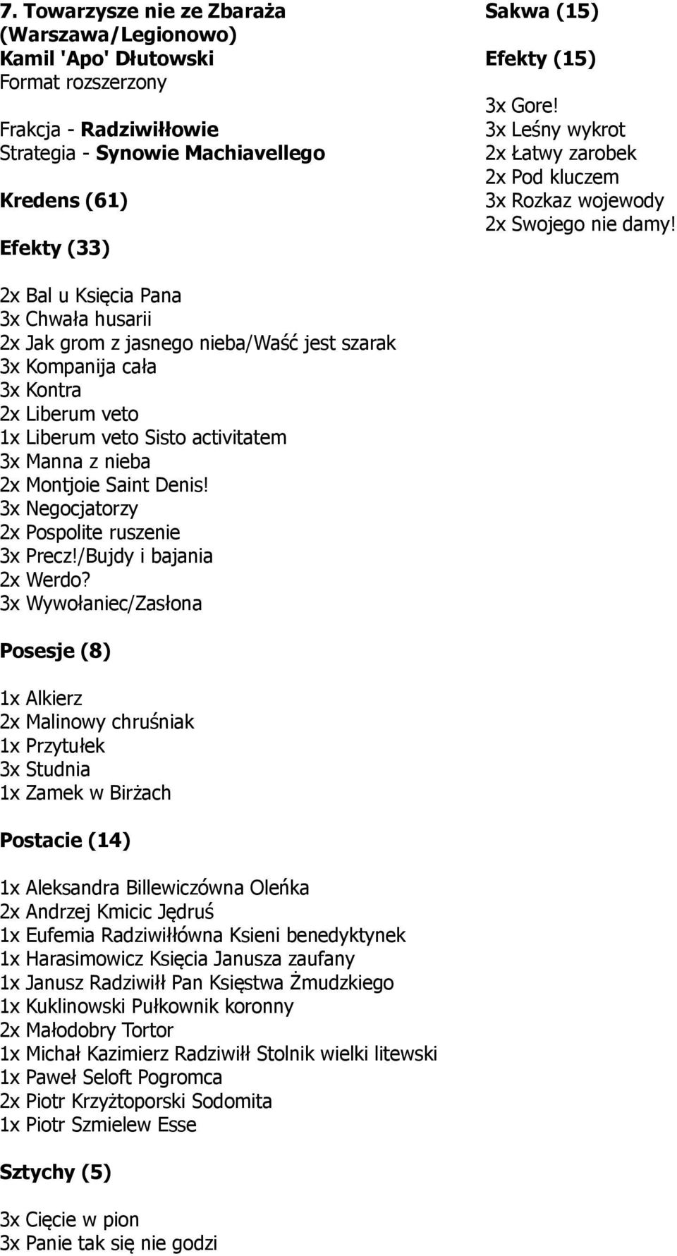 2x Bal u Księcia Pana 2x Jak grom z jasnego nieba/waść jest szarak 3x Kompanija cała 3x Kontra 2x Liberum veto 1x Liberum veto Sisto activitatem 3x Manna z nieba 2x Montjoie Saint Denis!