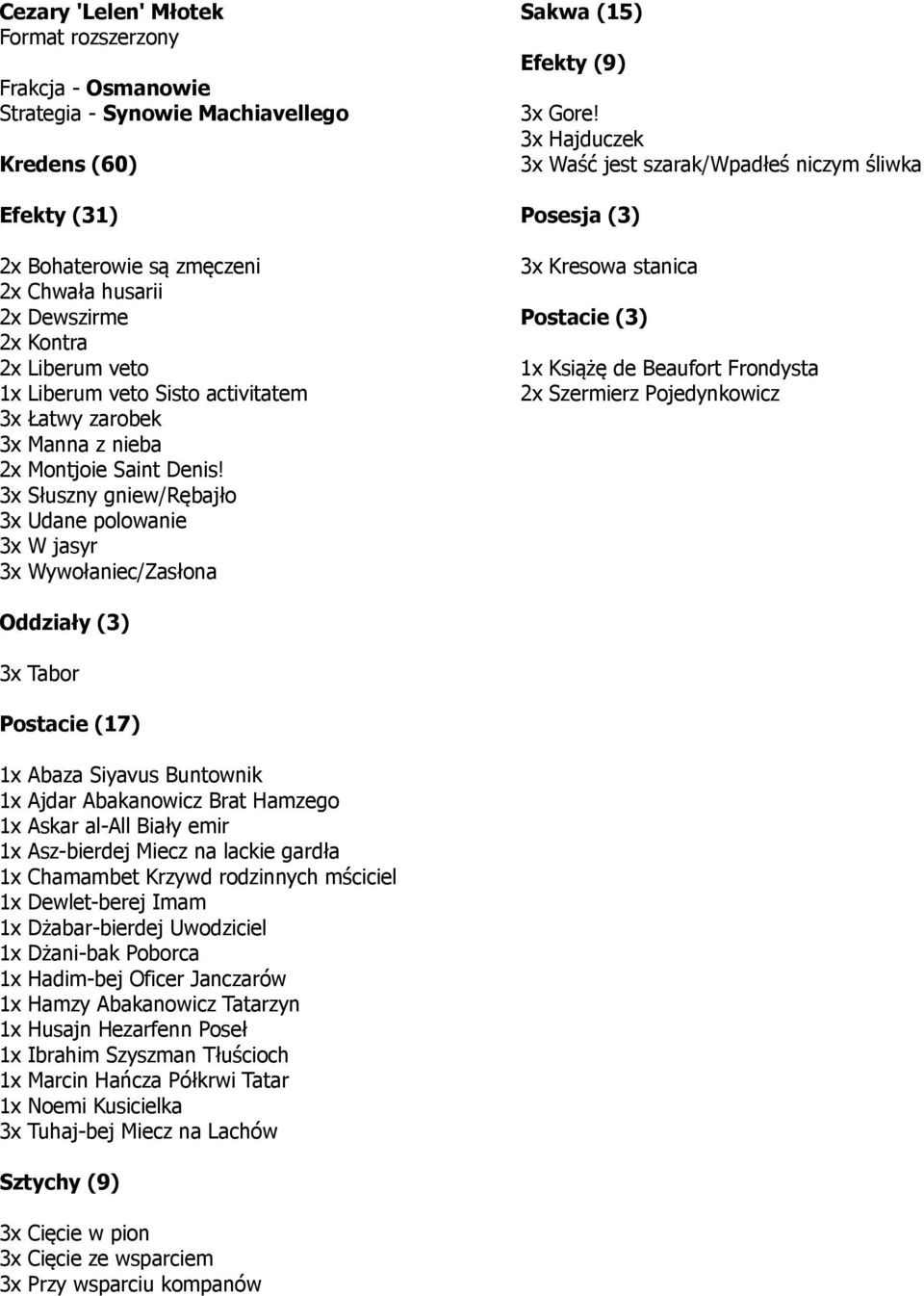 3x Hajduczek 3x Waść jest szarak/wpadłeś niczym śliwka Posesja (3) 3x Kresowa stanica Postacie (3) 1x Książę de Beaufort Frondysta 2x Szermierz Pojedynkowicz Oddziały (3) 3x Tabor Postacie (17) 1x