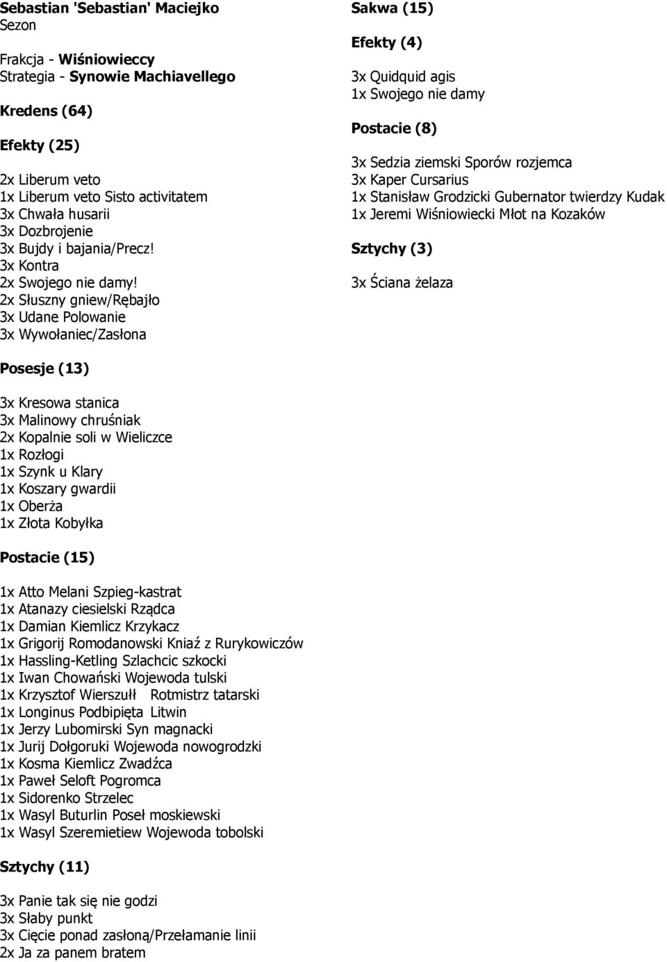 2x Słuszny gniew/rębajło 3x Udane Polowanie Efekty (4) 3x Quidquid agis 1x Swojego nie damy Postacie (8) 3x Sedzia ziemski Sporów rozjemca 3x Kaper Cursarius 1x Stanisław Grodzicki Gubernator