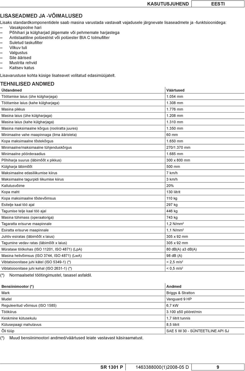 Lisavarustuse kohta küsige lisateavet volitatud edasimüüjatelt. TEHNILISED ANDMED Üldandmed Väärtused Töötamise laius (ühe külgharjaga) 1.054 mm Töötamise laius (kahe külgharjaga) 1.