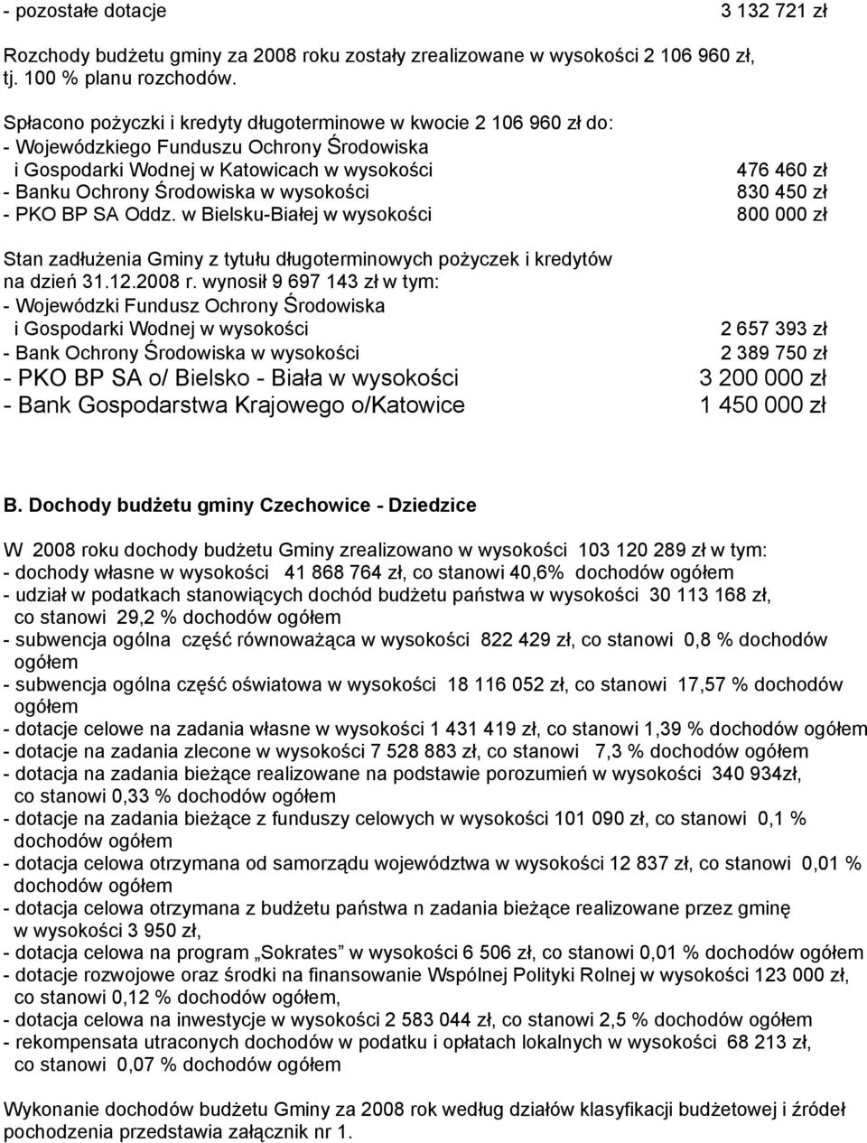 wysokości 830 450 zł - PKO BP SA Oddz. w Bielsku-Białej w wysokości 800 000 zł Stan zadłużenia Gminy z tytułu długoterminowych pożyczek i kredytów na dzień 31.12.2008 r.