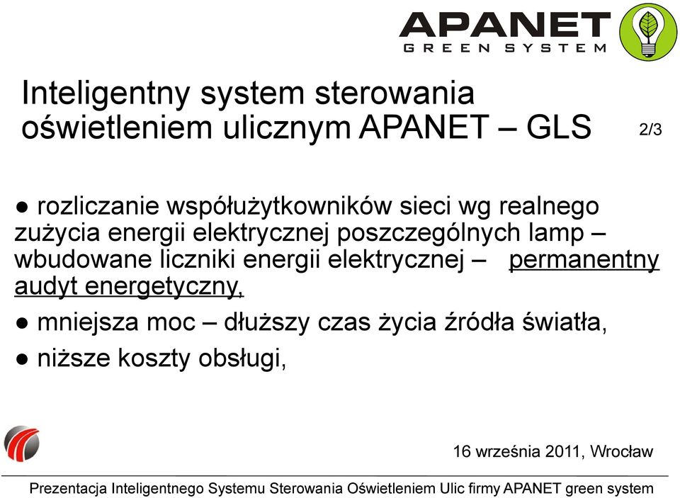 poszczególnych lamp wbudowane liczniki energii elektrycznej permanentny