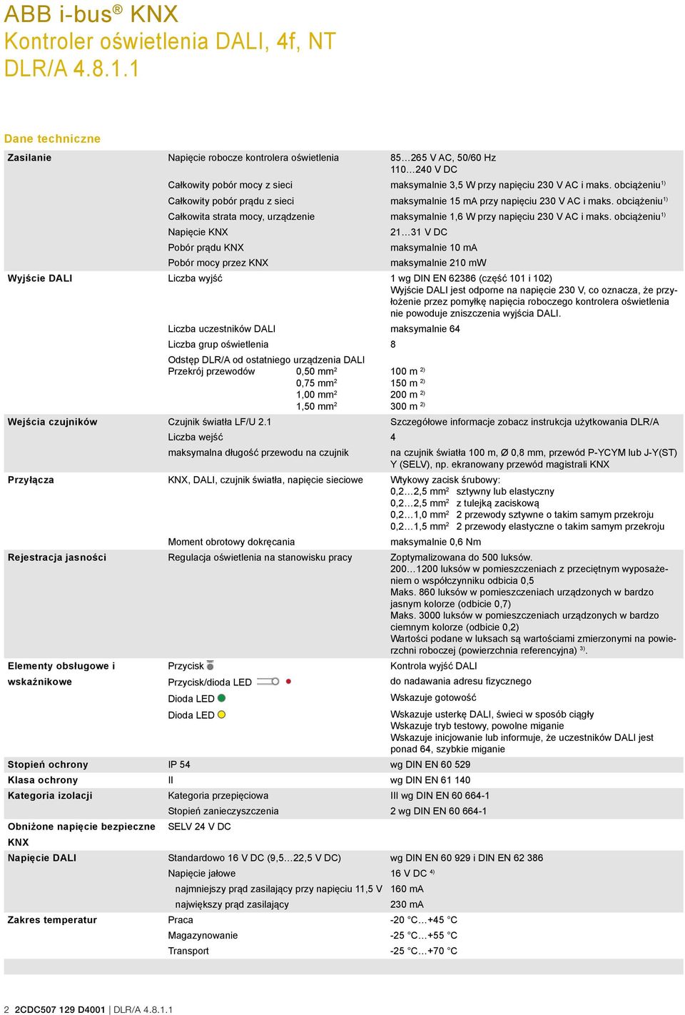 obciążeniu 1) Napięcie KNX 21 31 V DC Pobór prądu KNX maksymalnie 10 ma Pobór mocy przez KNX maksymalnie 210 mw Wyjście DALI Liczba wyjść 1 wg DIN EN 62386 (część 101 i 102) Wyjście DALI jest odporne