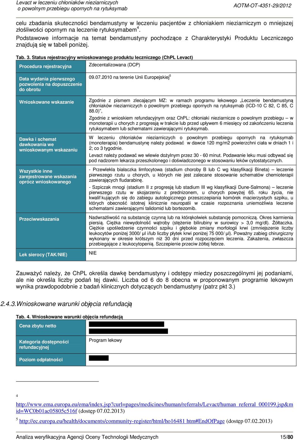 Status rejestracyjny wnioskowanego produktu leczniczego (ChPL Levact) Procedura rejestracyjna Zdecentalizowana (DCP) Data wydania pierwszego pozwolenia na dopuszczenie do obrotu Wnioskowane wskazanie