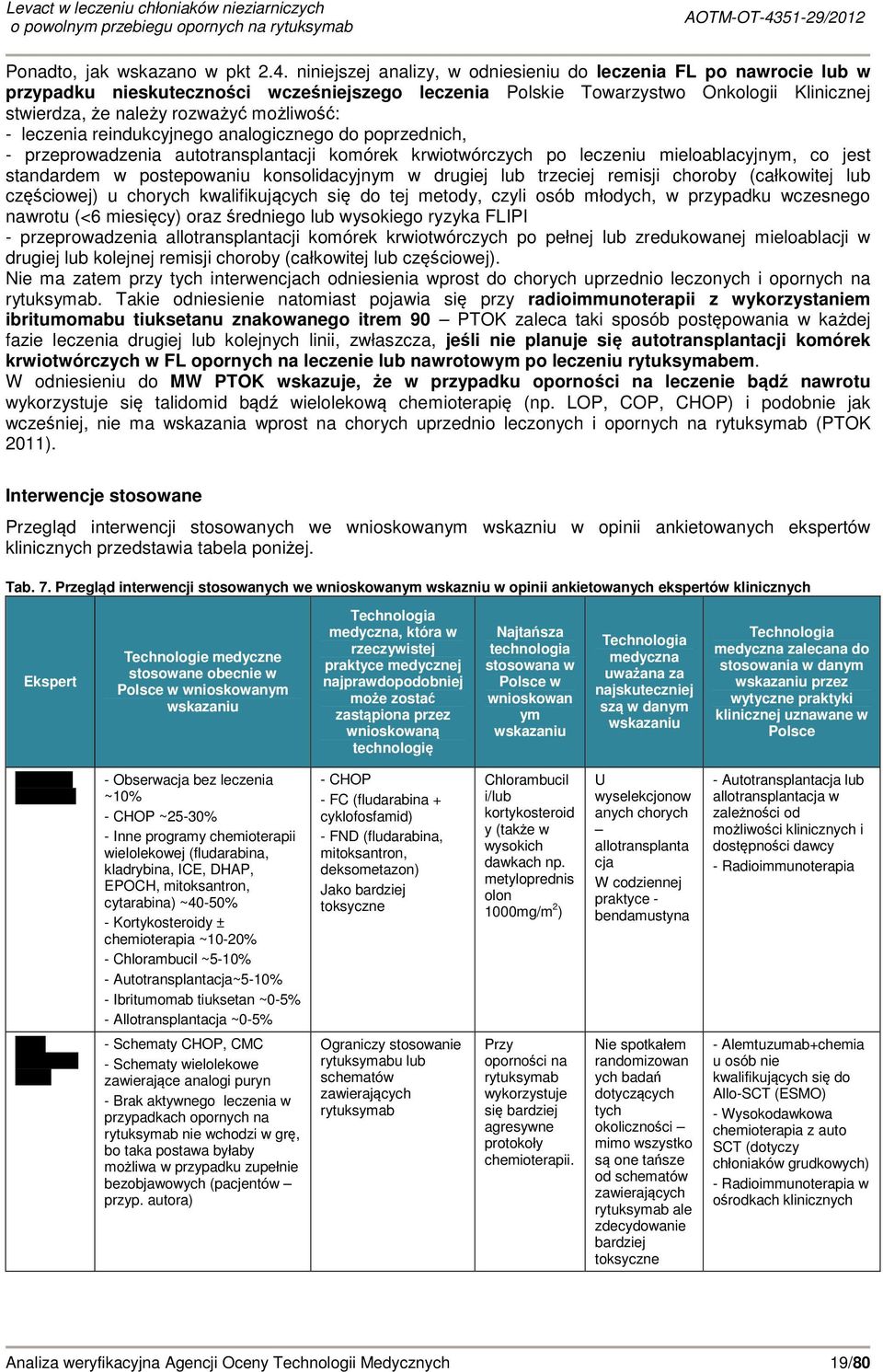 niniejszej analizy, w odniesieniu do leczenia FL po nawrocie lub w przypadku nieskuteczności wcześniejszego leczenia Polskie Towarzystwo Onkologii Klinicznej stwierdza, że należy rozważyć możliwość: