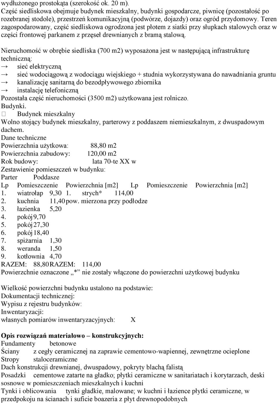 Teren zagospodarowany, część siedliskowa ogrodzona jest płotem z siatki przy słupkach stalowych oraz w części frontowej parkanem z przęseł drewnianych z bramą stalową.