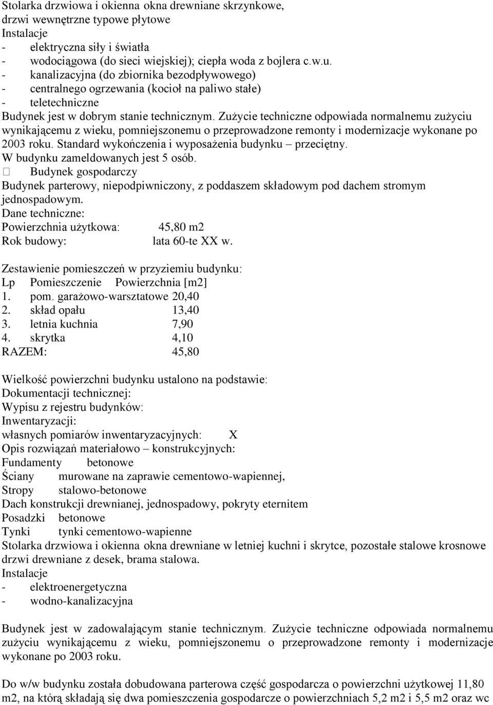 Zużycie techniczne odpowiada normalnemu zużyciu wynikającemu z wieku, pomniejszonemu o przeprowadzone remonty i modernizacje wykonane po 2003 roku.