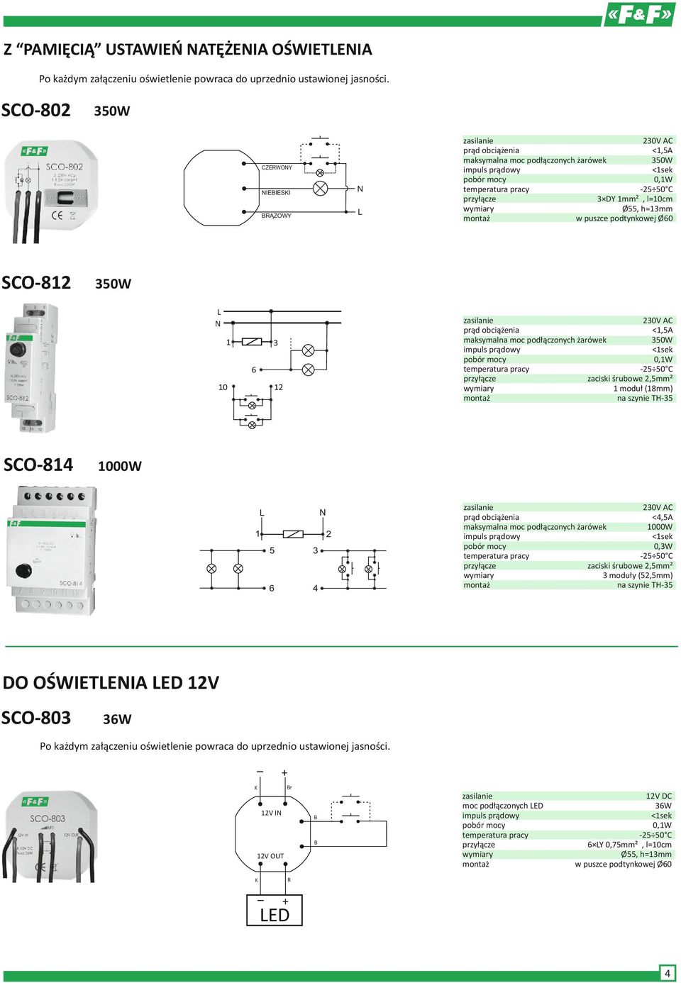 podłączonych żarówek 0W impuls prądowy <sek 0,W - 0 C zaciski śrubowe,mm² moduł (mm) na szynie TH- 0 SCO- 000W 0V AC <,A maksymalna moc podłączonych żarówek 000W impuls prądowy <sek 0,W - 0 C