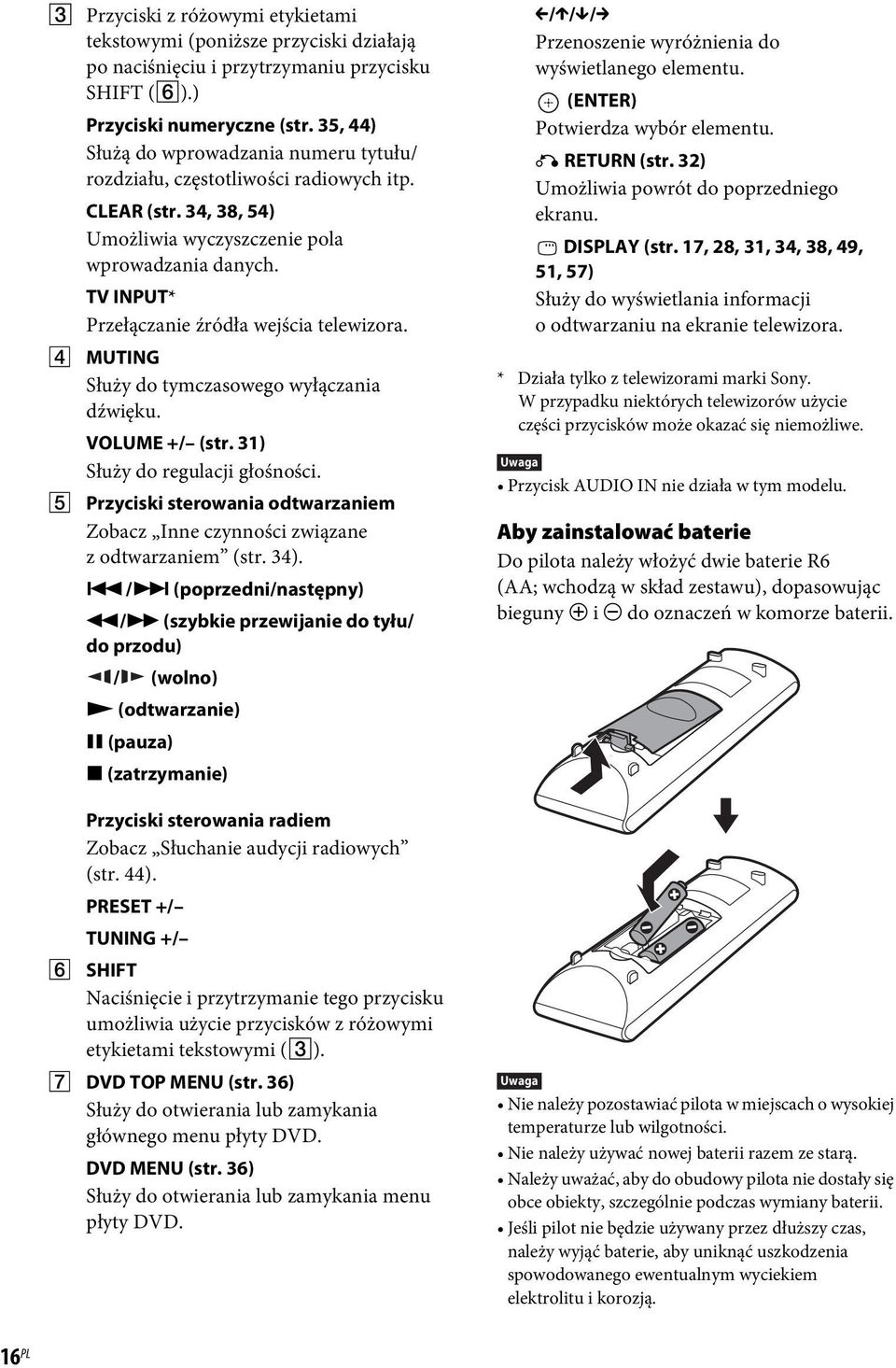 TV INPUT* Przełączanie źródła wejścia telewizora. D MUTING Służy do tymczasowego wyłączania dźwięku. VOLUME +/ (str. 31) Służy do regulacji głośności.