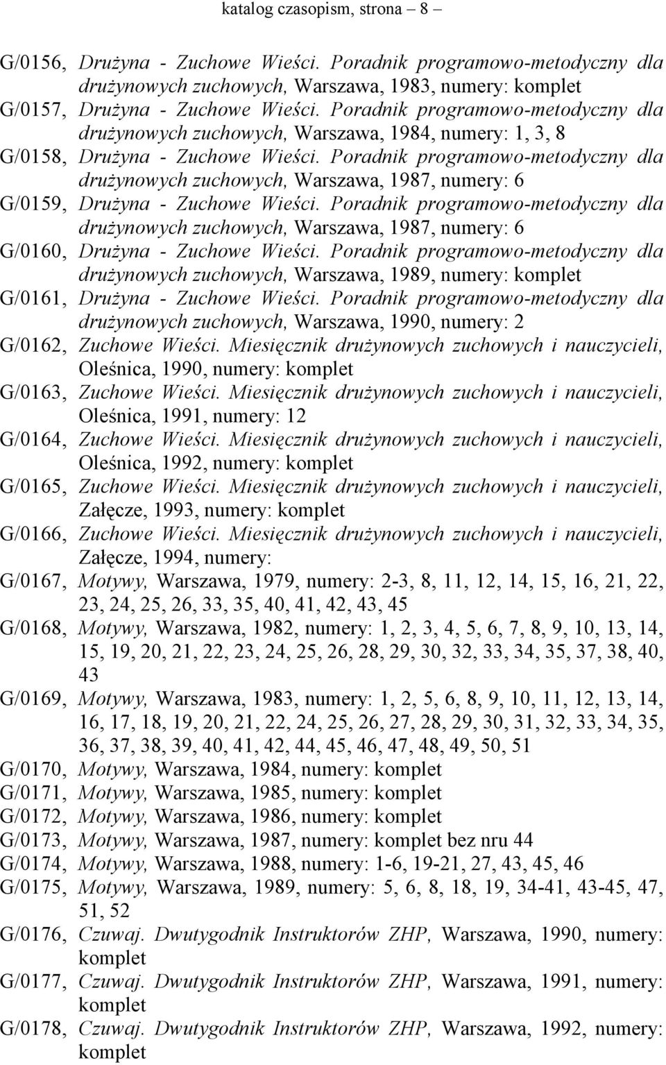 Poradnik programowo-metodyczny dla drużynowych zuchowych, Warszawa, 1987, numery: 6 G/0159, Drużyna - Zuchowe Wieści.