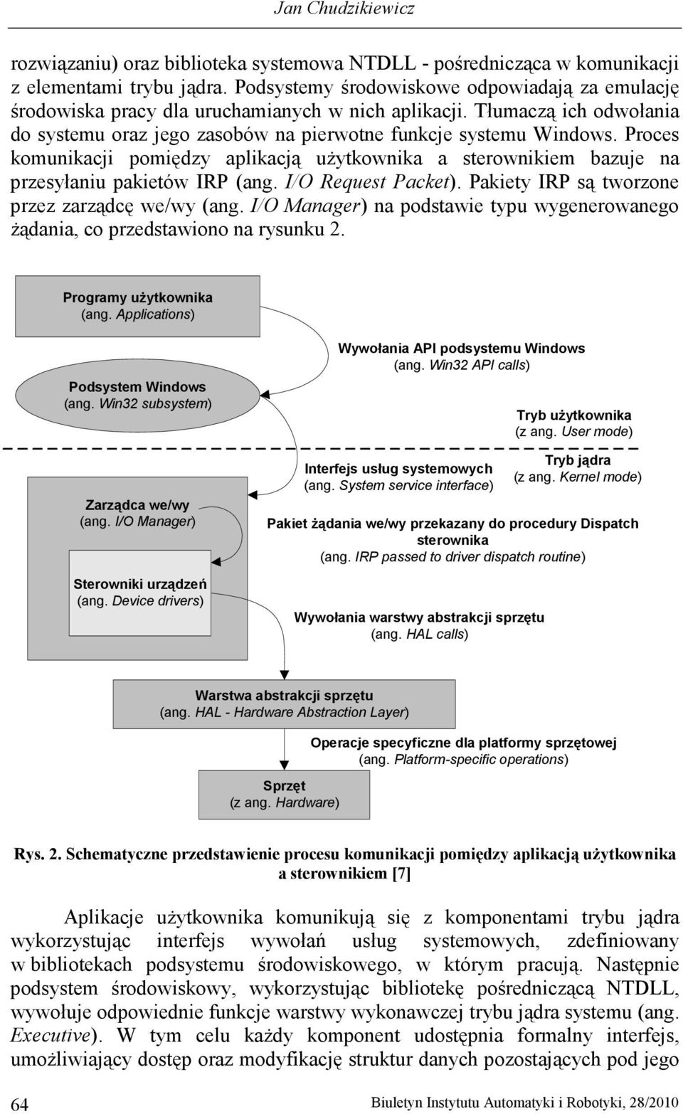 Proces komunikacji pomiędzy aplikacją uŝytkownika a sterownikiem bazuje na przesyłaniu pakietów (ang. I/O Request Packet). Pakiety są tworzone przez zarządcę we/wy (ang.