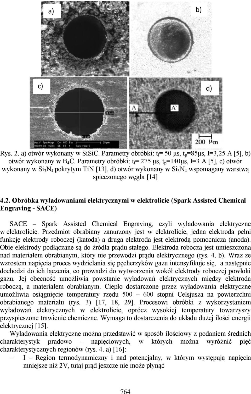 5 μs, t p =140μs, I=3 A [5], c) otwór wykonany w Si 3 N 4 pokrytym TiN [13], d) otwór wykonany w Si 3 N 4 wspomagany warstwą spieczonego węgla [14] 4.2.