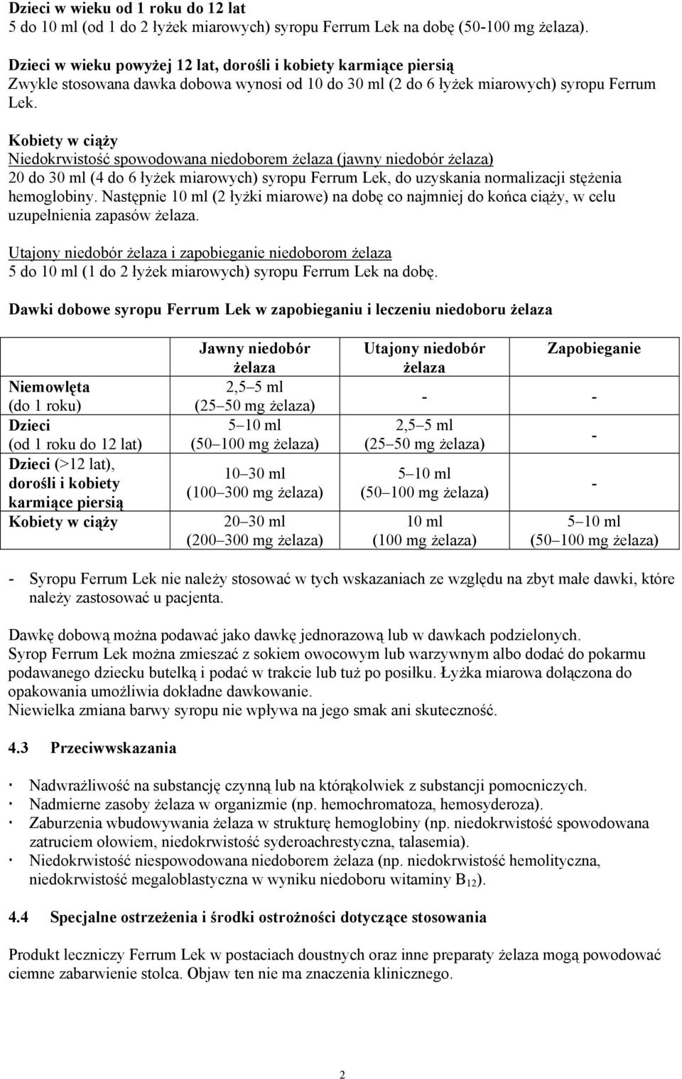 Kobiety w ciąży Niedokrwistość spowodowana niedoborem żelaza (jawny niedobór żelaza) 20 do 30 ml (4 do 6 łyżek miarowych) syropu Ferrum Lek, do uzyskania normalizacji stężenia hemoglobiny.