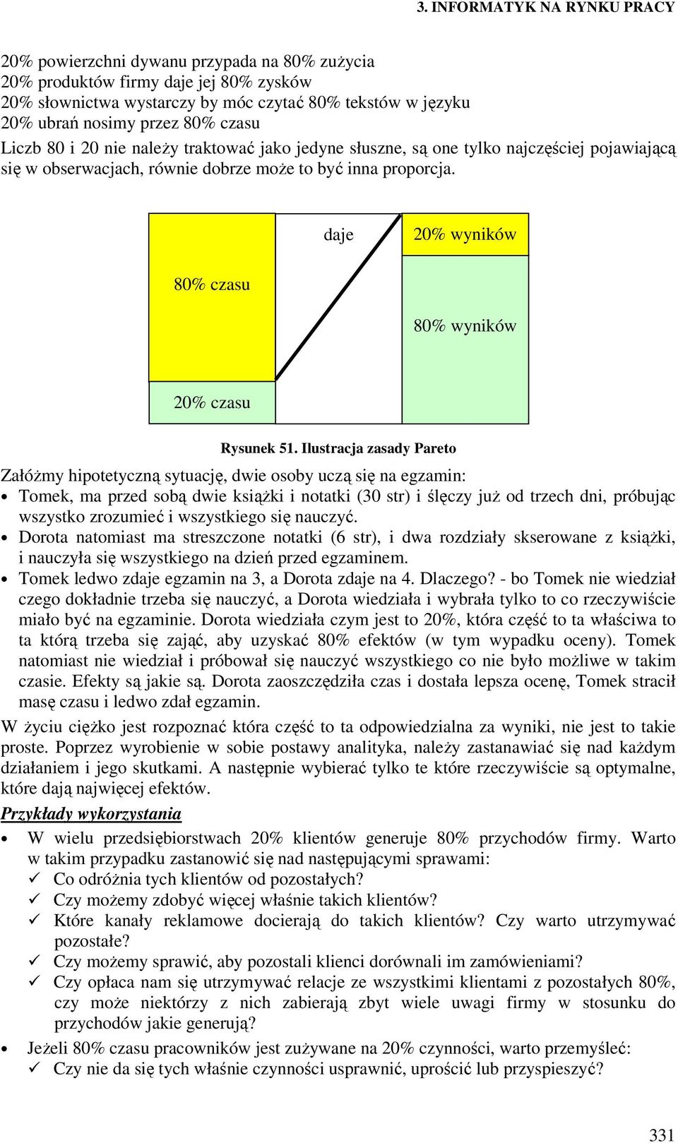 Ilustracja zasady Pareto ZałóŜmy hipotetyczną sytuację, dwie osoby uczą się na egzamin: Tomek, ma przed sobą dwie ksiąŝki i notatki (30 str) i ślęczy juŝ od trzech dni, próbując wszystko zrozumieć i