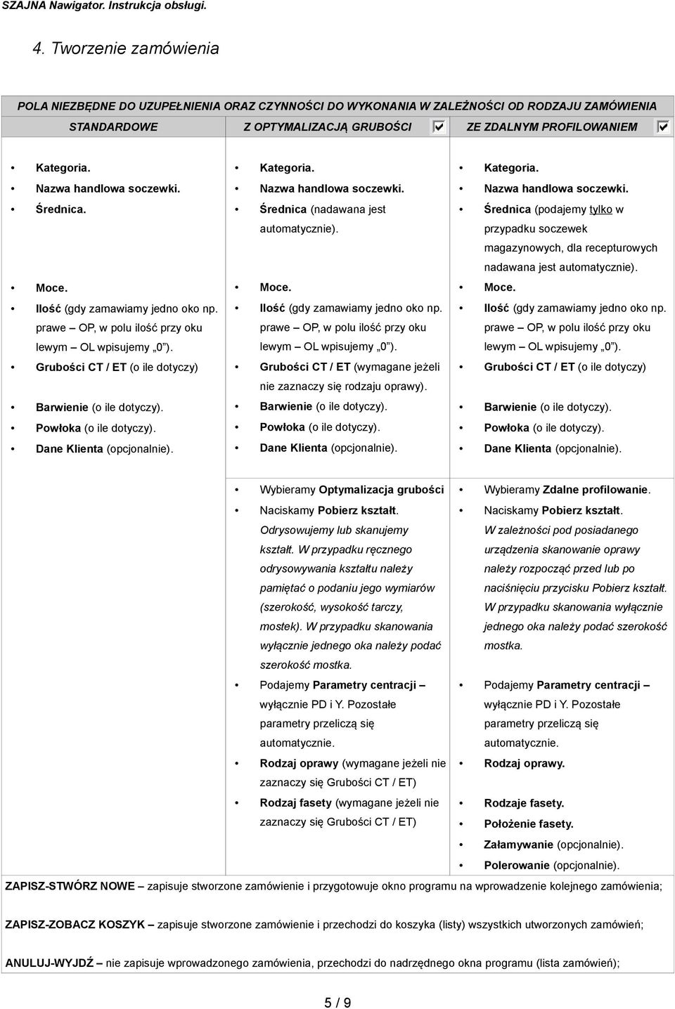 prawe OP, w polu ilość przy oku lewym OL wpisujemy 0 ). Grubości CT / ET (wymagane jeżeli nie zaznaczy się rodzaju oprawy).