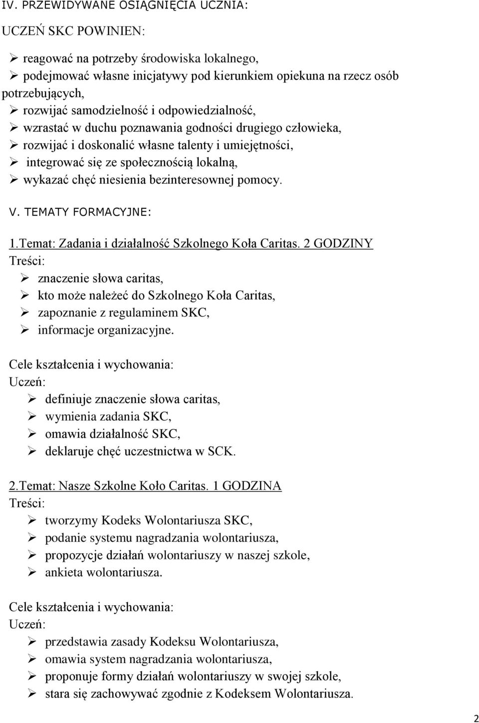 niesienia bezinteresownej pomocy. V. TEMATY FORMACYJNE: 1.Temat: Zadania i działalność Szkolnego Koła Caritas.