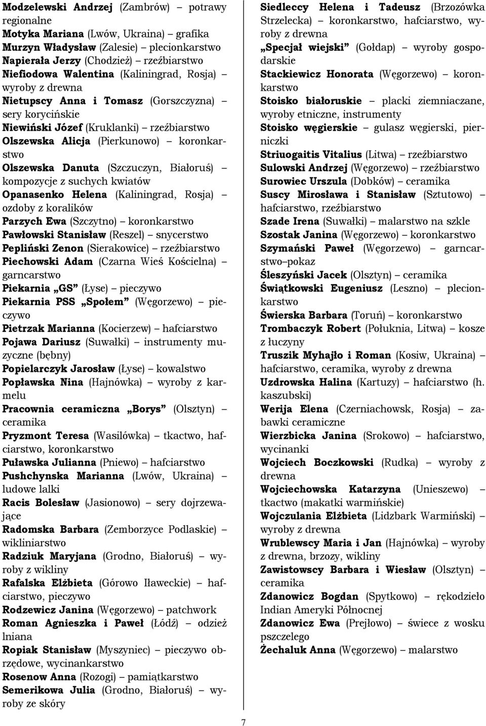 (Szczuczyn, Białoruś) kompozycje z suchych kwiatów Opanasenko Helena (Kaliningrad, Rosja) ozdoby z koralików Parzych Ewa (Szczytno) koronkarstwo Pawłowski Stanisław (Reszel) snycerstwo Pepliński