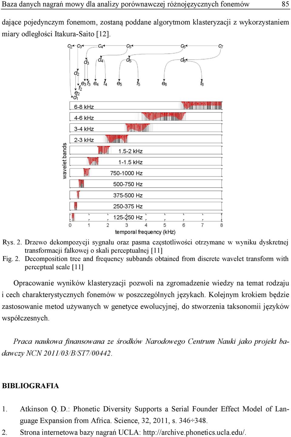 Drzewo dekompozycji sygnału oraz pasma częstotliwości otrzymane w wyniku dyskretnej transformacji falkowej o skali perceptualnej [11] Fig. 2.