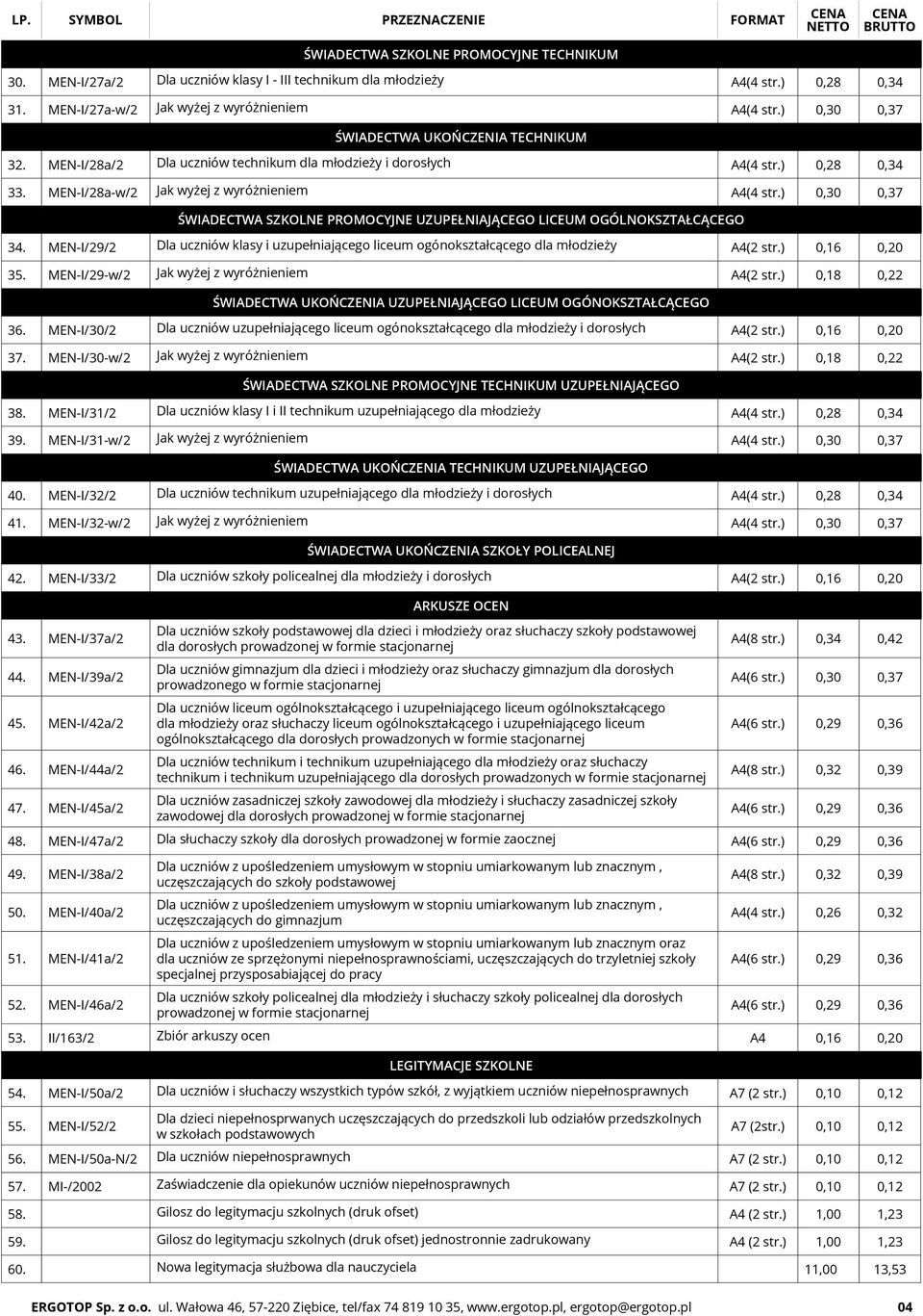 ) 0,30 0,37 ŚWIADECTWA SZKOLNE PROMOCYJNE UZUPEŁNIAJĄCEGO LICEUM OGÓLNOKSZTAŁCĄCEGO 34. MEN-I/29/2 Dla uczniów klasy i uzupełniającego liceum ogónokształcącego dla młodzieży 35.