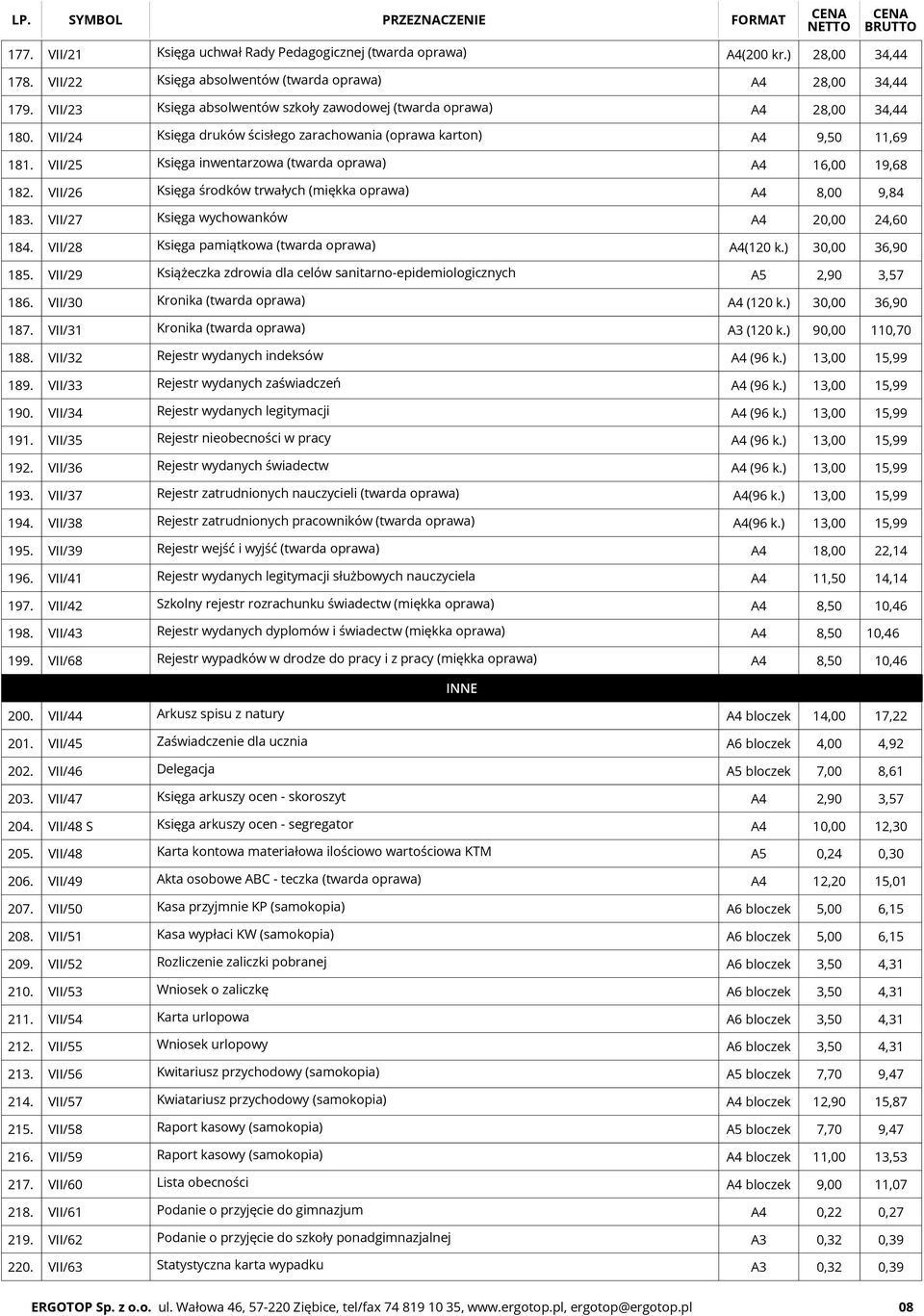 VII/25 Księga inwentarzowa (twarda oprawa) A4 16,00 19,68 182. VII/26 Księga środków trwałych (miękka oprawa) A4 8,00 9,84 183. VII/27 Księga wychowanków A4 20,00 24,60 184.