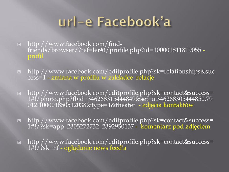 100001850512038&type=1&theater - zdjęcia kontaktów http://www.facebook.com/editprofile.php?sk=contact&success= 1#!/?sk=app_2305272732_2392950137 - komentarz pod zdjęciem http://www.