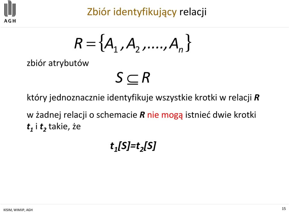 R w żadnej relacji o schemacie Rnie mogąistniećdwie krotki t 1