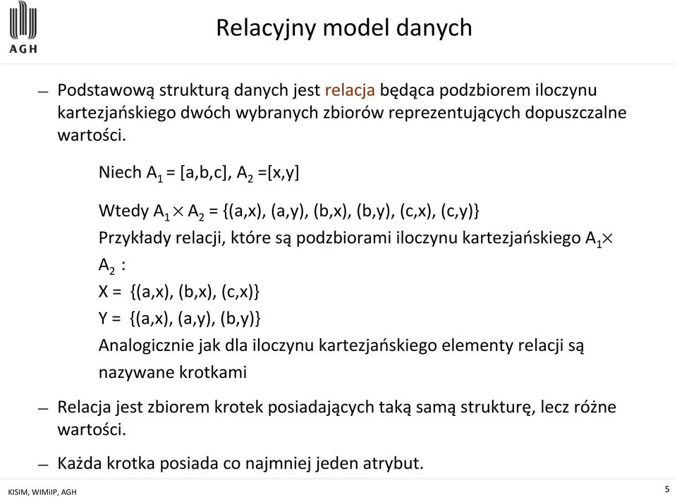 Niech A 1 = [a,b,c], A 2 =[x,y] Wtedy A 1 A 2 = {(a,x), (a,y), (b,x), (b,y), (c,x), (c,y)} Przykłady relacji, które sąpodzbiorami iloczynu kartezjańskiego