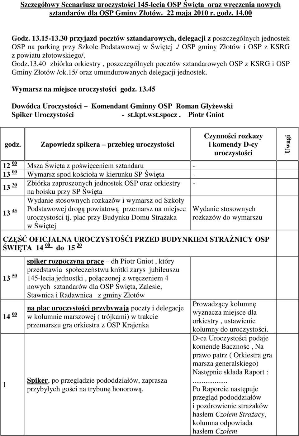 40 zbiórka orkiestry, poszczególnych pocztów sztandarowych OSP z KSRG i OSP Gminy Złotów /ok.15/ oraz umundurowanych delegacji jednostek. Wymarsz na miejsce uroczystości godz. 13.