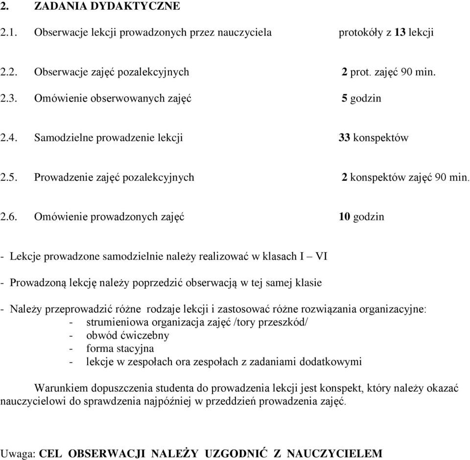 Omówienie prowadzonych zajęć 10 godzin - Lekcje prowadzone samodzielnie należy realizować w klasach I VI - Prowadzoną lekcję należy poprzedzić obserwacją w tej samej klasie - Należy przeprowadzić