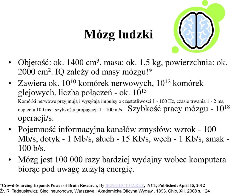 Pojemność informacyjna kanałów zmysłów: wzrok - 100 Mb/s, dotyk - 1 Mb/s, słuch - 15 Kb/s, węch - 1 Kb/s, smak - 100 b/s.