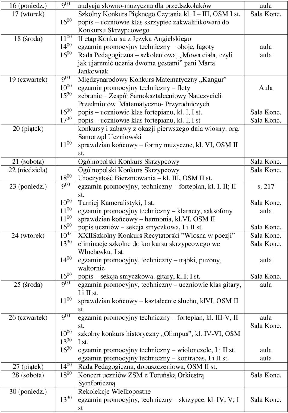 (czwartek) 17 30 Jankowiak Międzynarodowy Konkurs Matematyczny Kangur egzamin promocyjny techniczny flety zebranie Zespół Samokształceniowy Nauczycieli Przedmiotów Matematyczno- Przyrodniczych popis