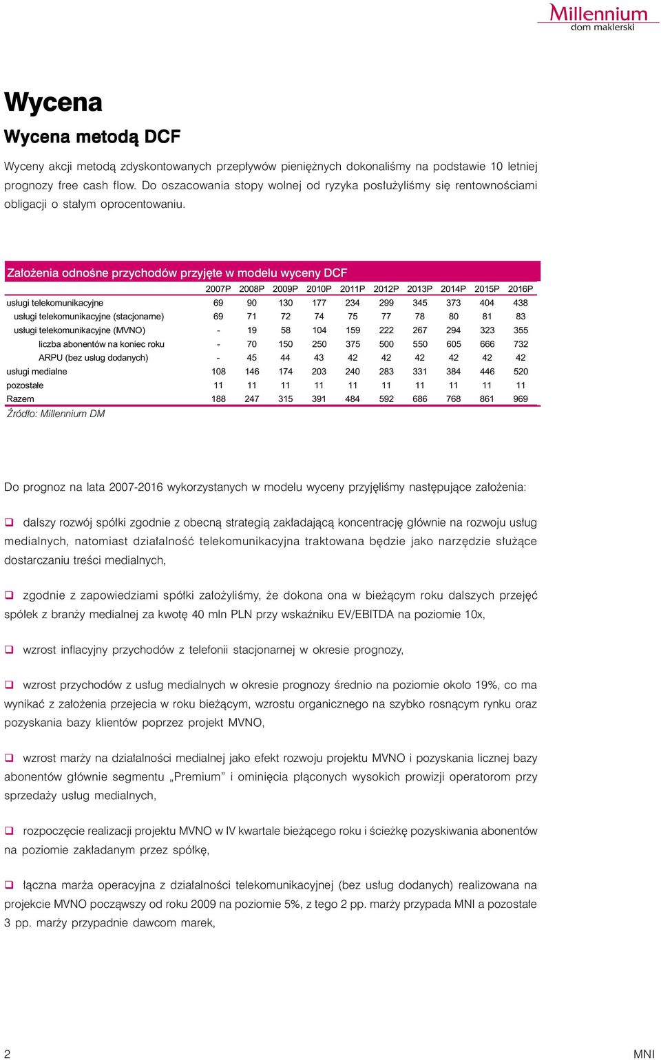 Za³o enia odnoœne przychodów przyjête w modelu wyceny DCF 2007P 2008P 2009P 2010P 2011P 2012P 2013P 2014P 2015P 2016P us³ugi telekomunikacyjne 69 90 130 177 234 299 345 373 404 438 us³ugi