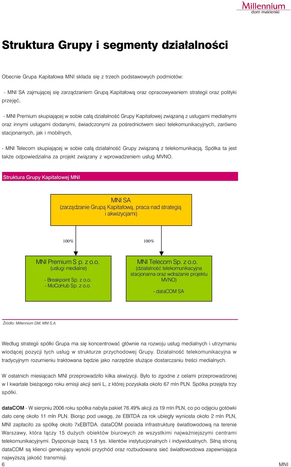 telekomunikacyjnych, zarówno stacjonarnych, jak i mobilnych, - MNI Telecom skupiającej w sobie całą działalność Grupy związaną z telekomunikacją.