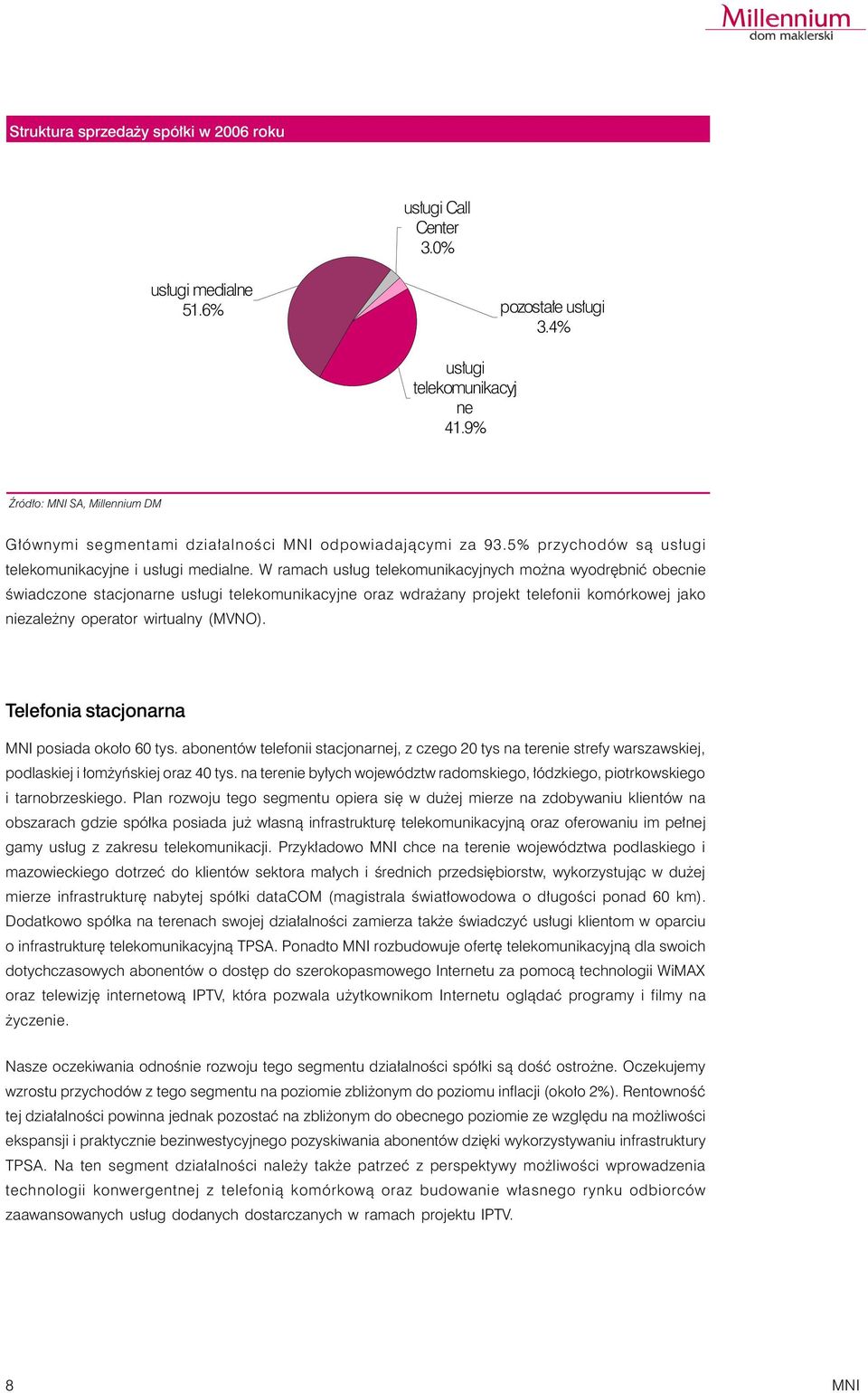 W ramach usług telekomunikacyjnych można wyodrębnić obecnie świadczone stacjonarne usługi telekomunikacyjne oraz wdrażany projekt telefonii komórkowej jako niezależny operator wirtualny (MVNO).