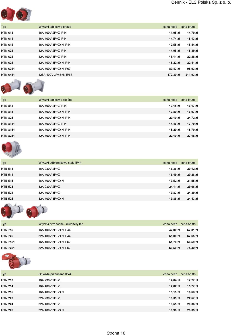 3P+Z+N IP67 172,30 zł 211,93 zł Typ Wtyczki tablicowe skośne cena netto cena brutto HTN 813 16A 400V 2P+Z IP44 13,15 zł 16,17 zł HTN 815 16A 400V 3P+Z+N IP44 13,80 zł 16,97 zł HTN 825 32A 400V 3P+Z+N