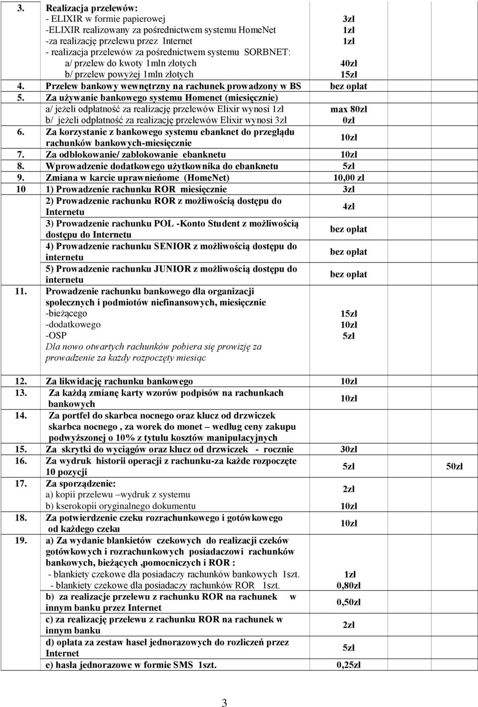 Za używanie bankowego systemu Homenet (miesięcznie) a/ jeżeli odpłatność za realizację przelewów Elixir wynosi b/ jeżeli odpłatność za realizację przelewów Elixir wynosi 3zł 3zł max 80zł 0zł 6.