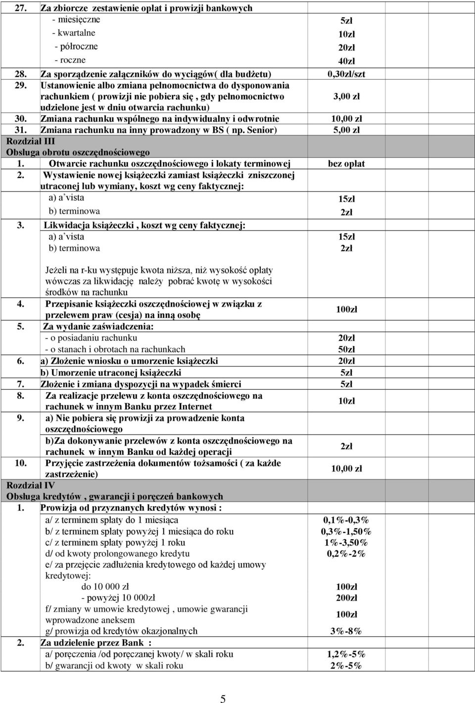 Zmiana rachunku wspólnego na indywidualny i odwrotnie 10,00 zł 31. Zmiana rachunku na inny prowadzony w BS ( np. Senior) 5,00 zł Rozdział III Obsługa obrotu oszczędnościowego 1.