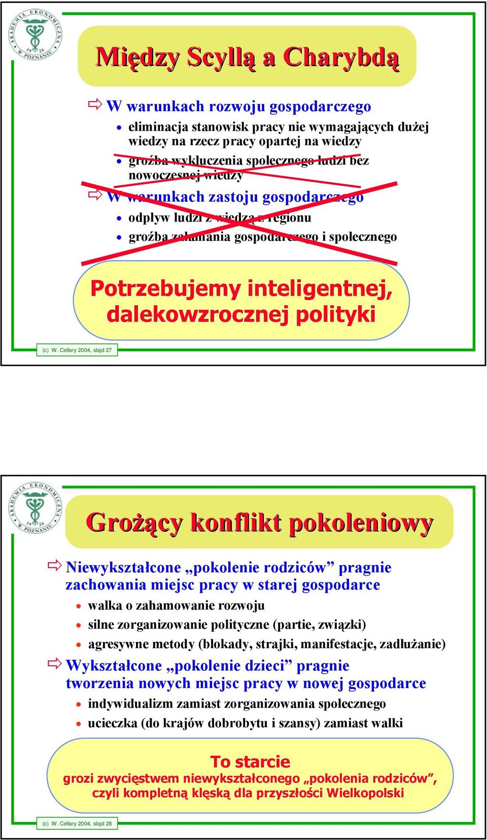 Cellary 2004, slajd 27 Grożący konflikt pokoleniowy Niewykształcone pokolenie rodziców pragnie zachowania miejsc pracy w starej gospodarce walka o zahamowanie rozwoju silne zorganizowanie polityczne