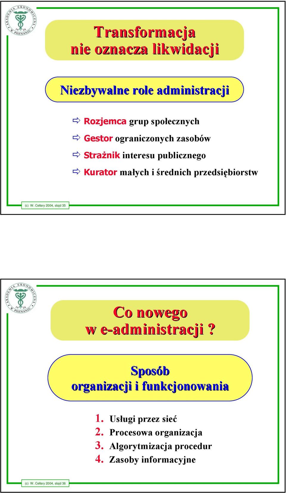 Cellary 2004, slajd 35 Co nowego w e-administracji e? Sposób organizacji i funkcjonowania 1.