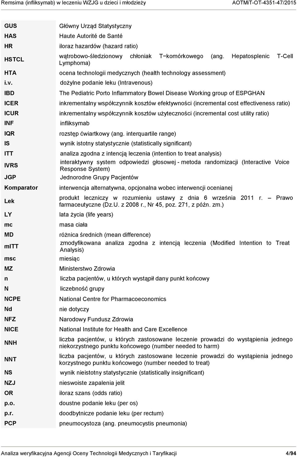 Hepatosplenic T-Cell Lymphoma) ocena technologii medycznych (health technology assessment) dożylne podanie leku (Intravenous) The Pediatric Porto Inflammatory Bowel Disease Working group of ESPGHAN