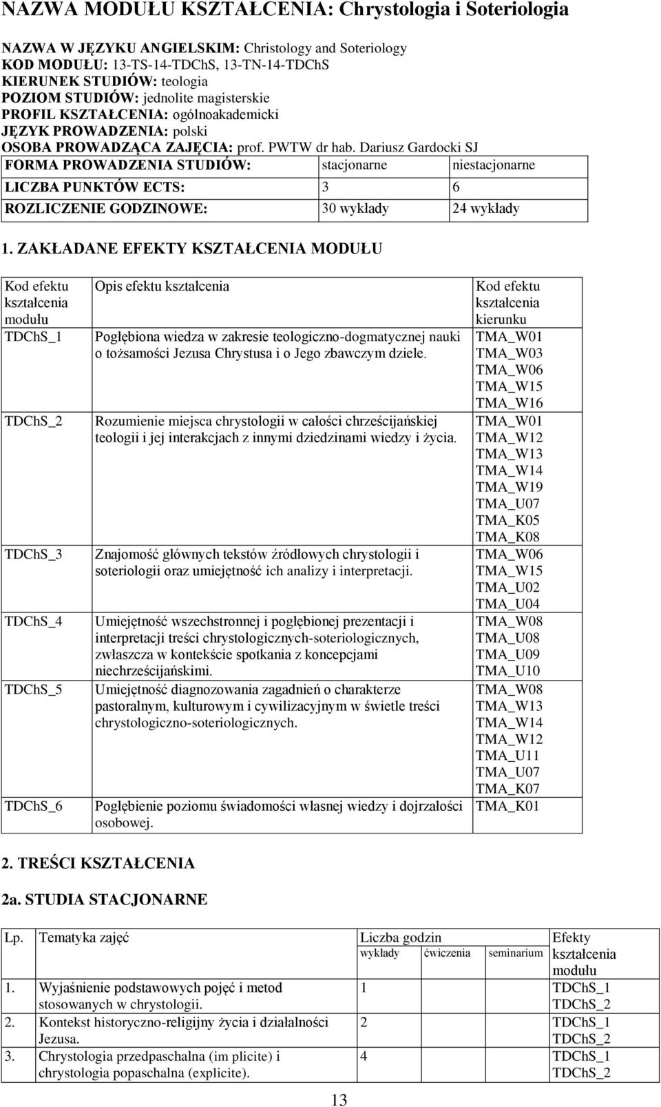 Dariusz Gardocki SJ FORMA PROWADZENIA STUDIÓW: stacjonarne niestacjonarne LICZBA PUNKTÓW ECTS: 3 6 ROZLICZENIE GODZINOWE: 30 wykłady 24 wykłady 1.