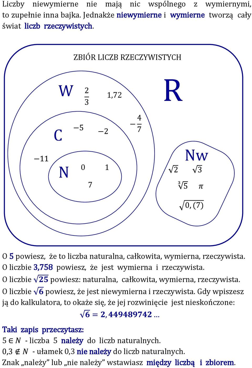 O liczbie 3,758 powiesz, że jest wymierna i rzeczywista. O liczbie powiesz: naturalna, całkowita, wymierna, rzeczywista. O liczbie powiesz, że jest niewymierna i rzeczywista.