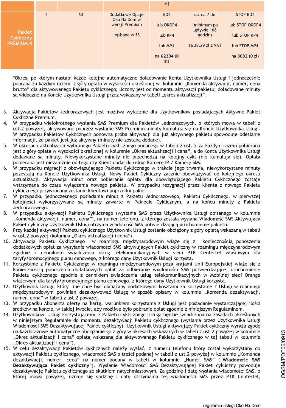 liczony jest od momentu aktywacji pakietu; doładowane minuty są widoczne na Koncie Użytkownika Usługi przez wskazany w tabeli okres aktualizacji. 3.