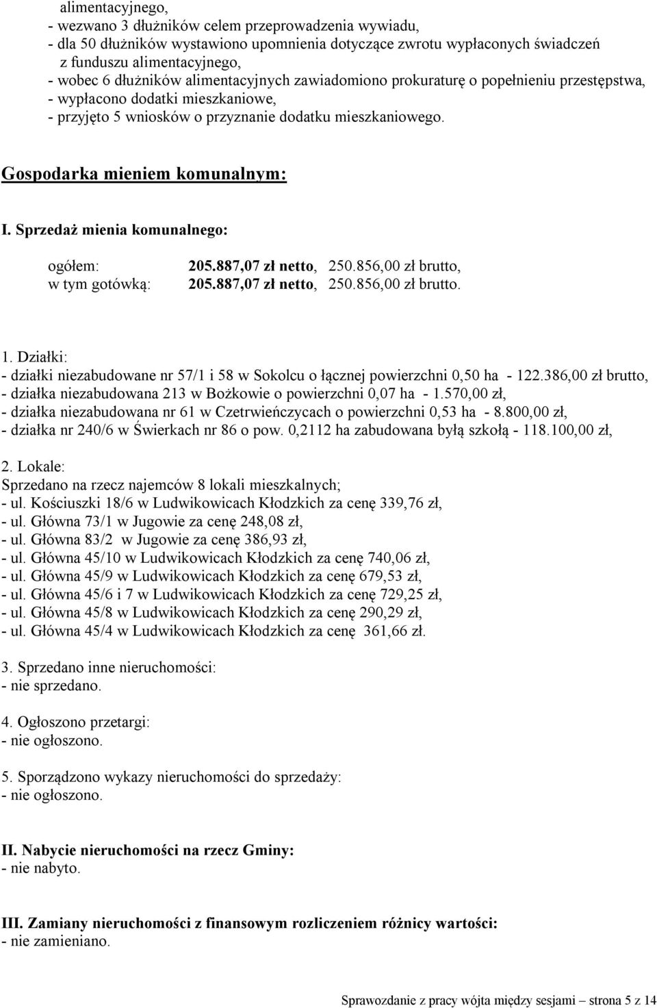 Sprzedaż mienia komunalnego: ogółem: w tym gotówką: 205.887,07 zł netto, 250.856,00 zł brutto, 205.887,07 zł netto, 250.856,00 zł brutto. 1.